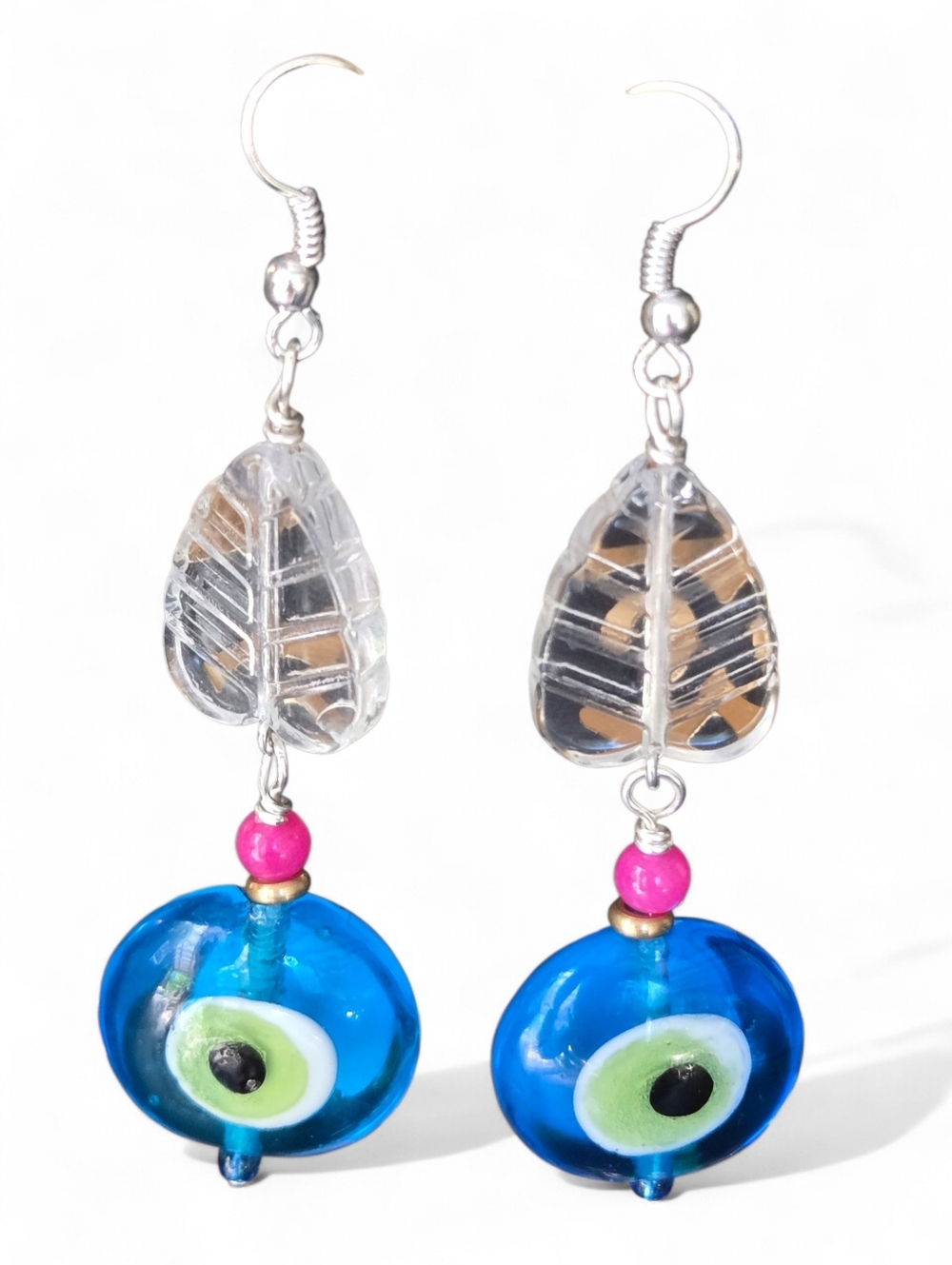 Evil Eye Blue Glass Drop Earrings with Pink Accent Clear Leaf Colorful Handmade
